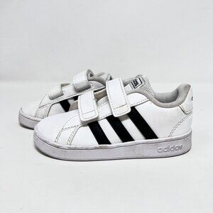 Adidas Kids VL Court Shoes White Black Hook Loop Straps Style DB1839 Size 8K